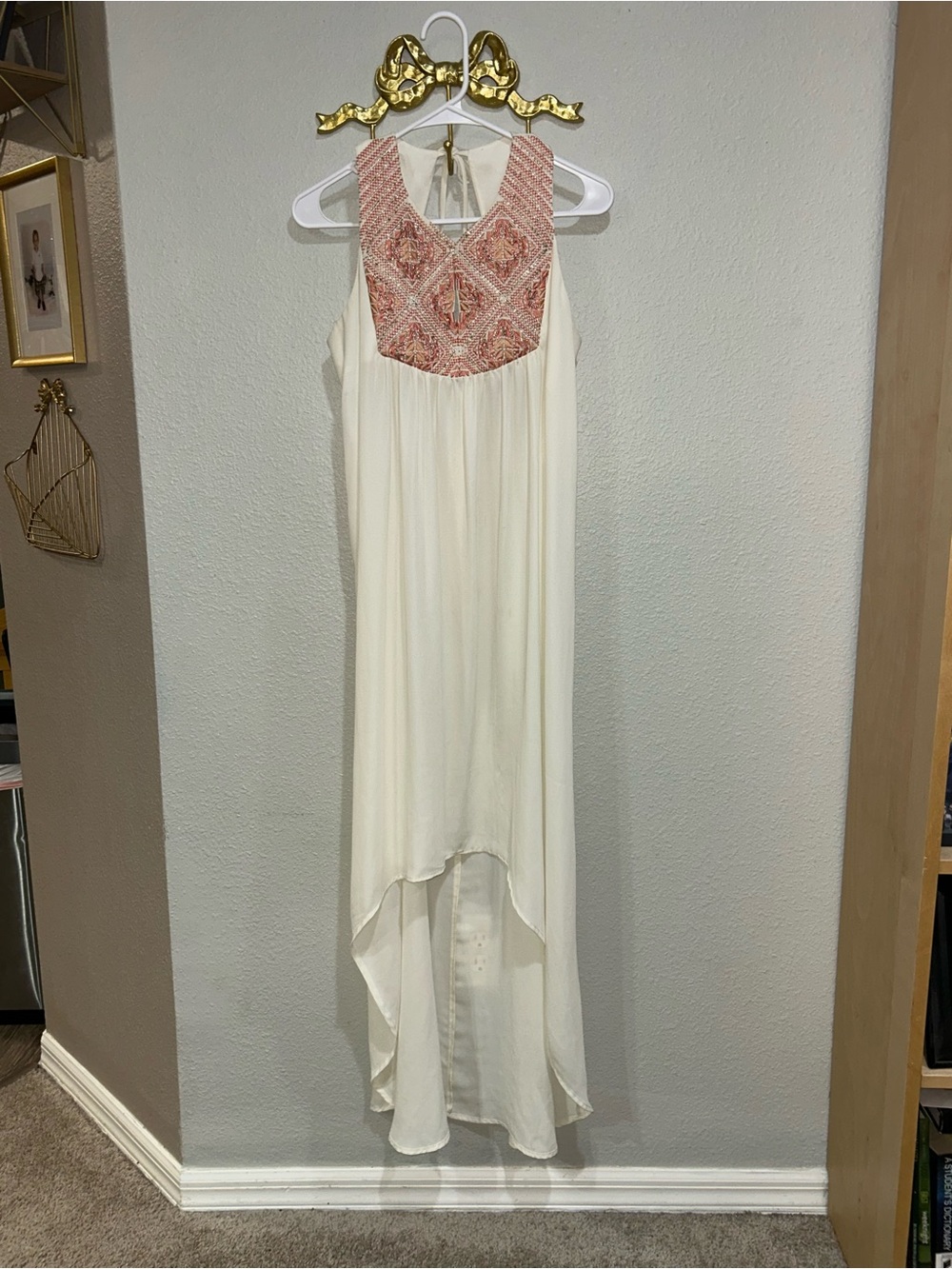 Park & Fifth Cream High-Low Maxi Dress with Pink Beaded Yoke